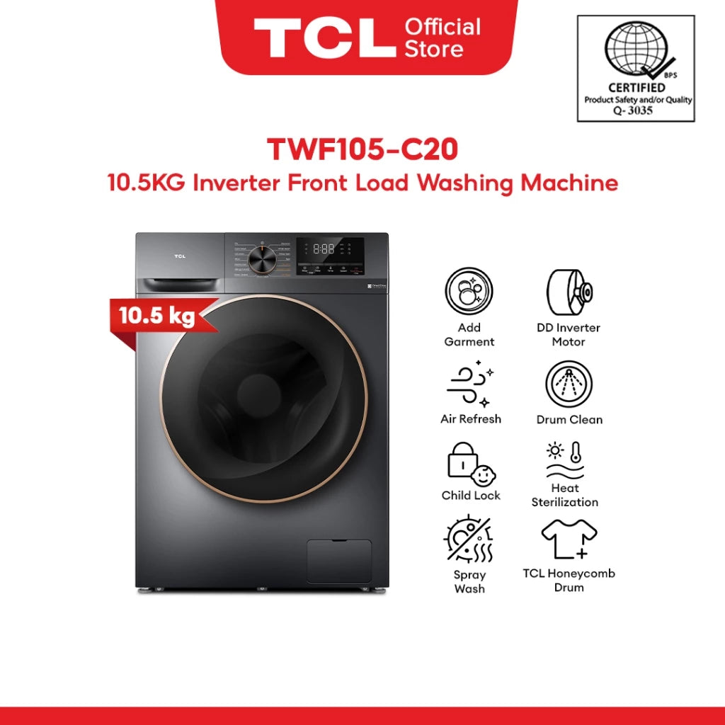 TCL 10.5KG Inverter Front Load Washing Machine (Fast Washing and Drying, 24 Hours Delay) TWF105-C20